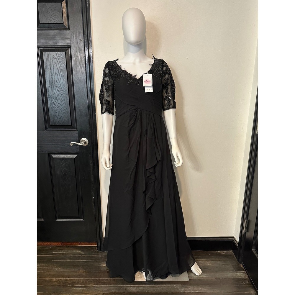 Fashion Black‎ Lace Sequin V-Neck Ruched Evening Gown Mother of the Bride Dress
